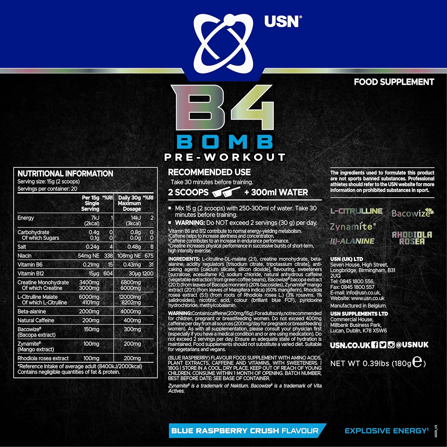 USN B4 Bomb Energy Drink Powder, Blue Raspberry - 180g, with Vitamin B12 & B6, Creatine, Caffeine & Zynamite for Stamina & Explosive Energy, Glucose Free, No Added Sugar, Quality Dietary Supplement : Amazon.co.uk: Health & Personal Care