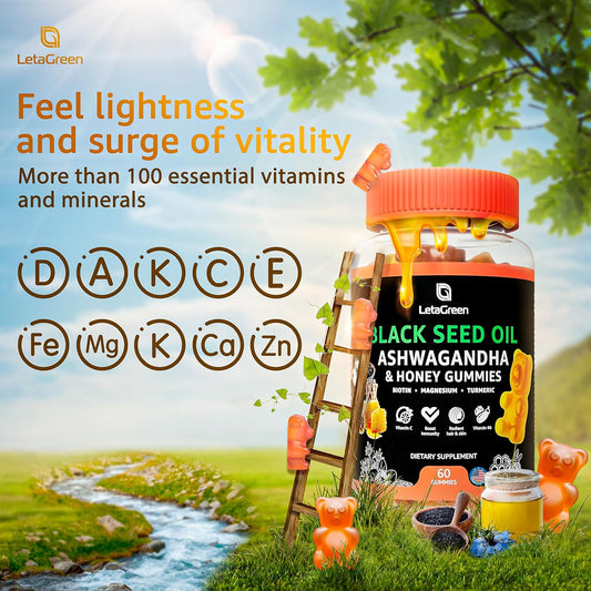 Black Seed Oil Gummies - Black Cumin Seed Oil 500Mg Biotin 500Mcg Ashwagandha 200Mg Acv 100Mg Rapeseed Honey 50Mg Turmeric 20Mg Beet Root 30Mg Pomegranate 30Mg Magnesium 50Mg Vitamin B6 C
