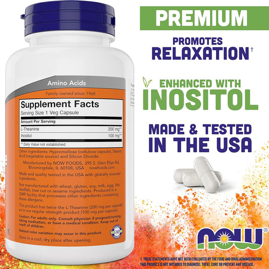 NOW Foods L-Theanine, Double Strength 200 mg Per Cap - 180 Veg Capsules - Enhanced with 100mg Inositol - Vegetarian, Non-GMO - Ltheanine 200mg Supplement
