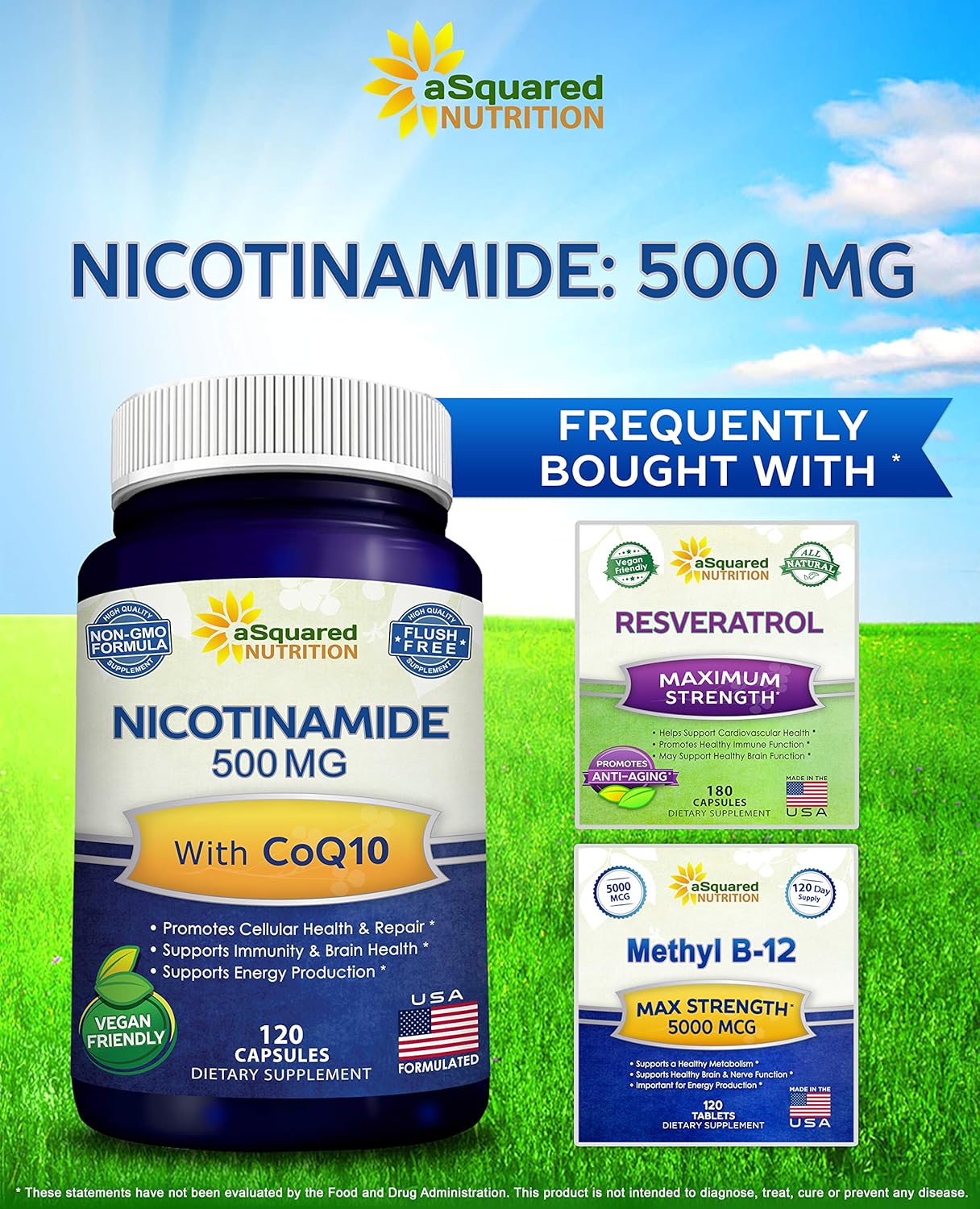 Nicotinamide With Coq10 (120 Capsules) - Vitamin B3 500Mg (Niacinamide Flush Free) - Coenzyme Q10 Powder - Vit B-3 & Coq 10 Supplement Pills To Support Energy, Nad, & Skin Cell Health : Health & Household
