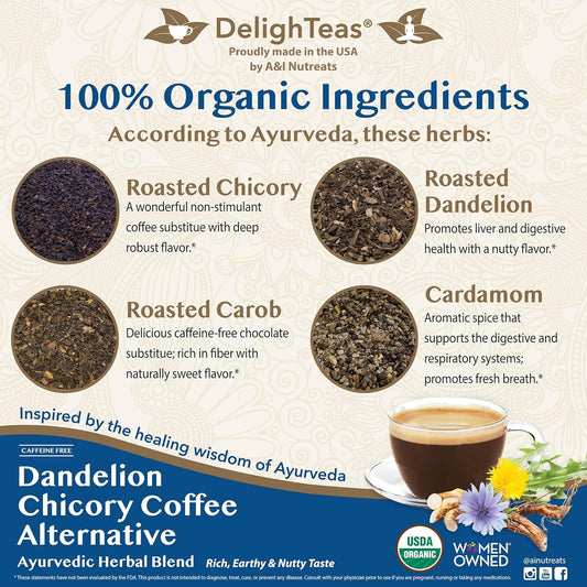 Delighteas Organic Coffee Alternative | Ayurvedic Herbal Chicory Dandelion Coffee | Coffee Substitute | Usda Organic, Caffeine Free, Gluten Free | With Sweet Notes Of Carob | 50 Servings, 6Oz
