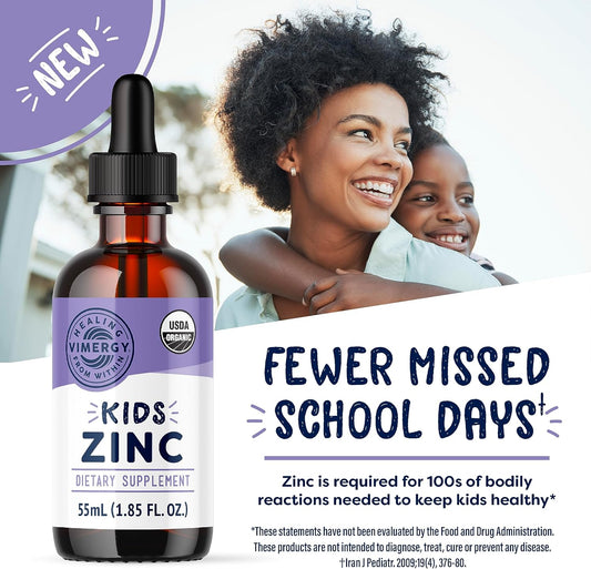 Vimergy Kids Organic Liquid Zinc โ Fast-Absorbing Immune Support* โ Promotes Healthy Bones & Skin โ Usda Organic, Kosher, Vegan, Non-Gmo โ 55 Ml