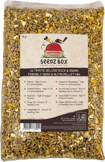 Duck Food 1Kg - Goose And Swan Food - Seed And Nutri Pellet Feed Mix - Seedzbox - Natural Treats For Wild Waterfowl - Wheat Kibbled Maize And Soya Beans - High In Fibre Iron And Protein