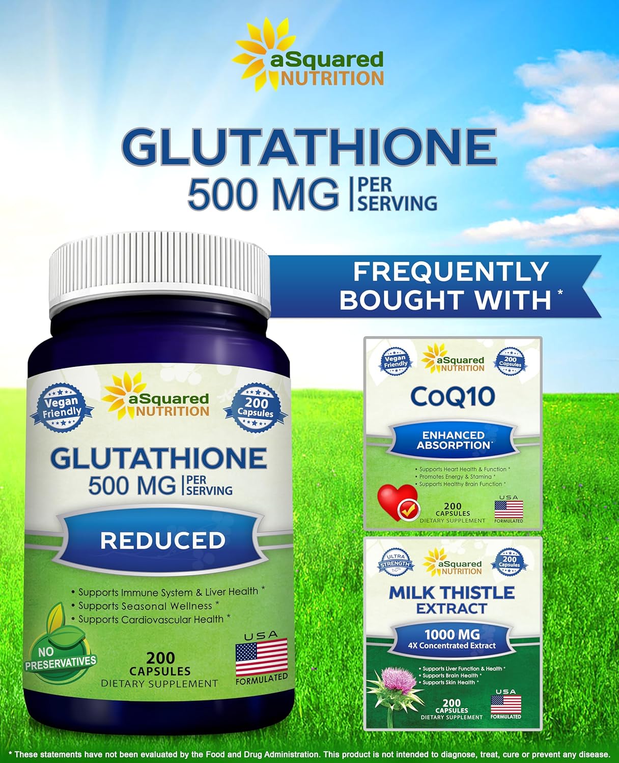Asquared Nutrition Reduced Glutathione 500Mg Per Serving Supplement -200 Capsules -L-Glutathione Antioxidant To Support Liver Health & Detox - Max Strength Powder Pills To Help Immune & Brain Function : Health & Household