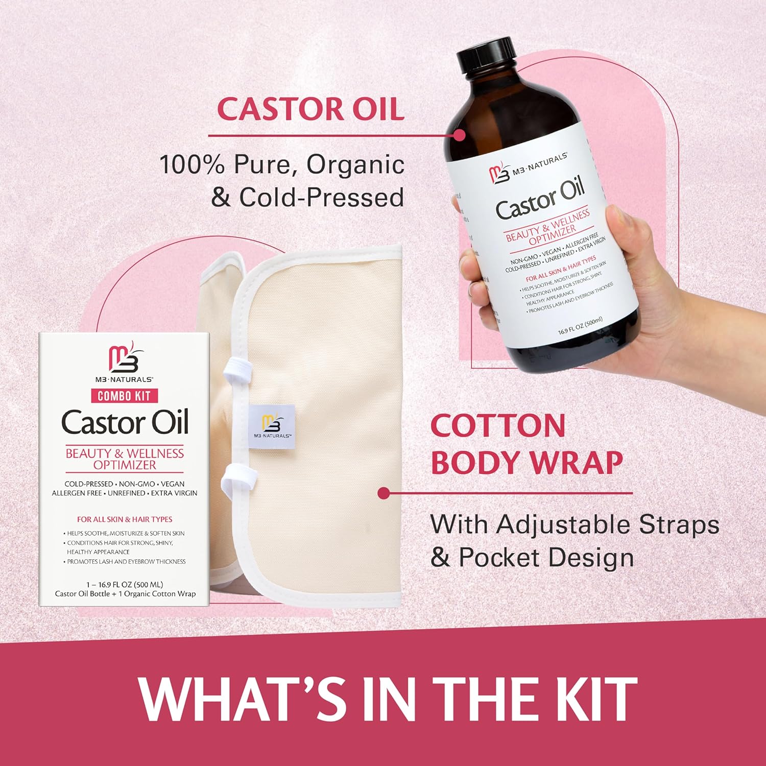 Pure Castor Oil Pack Kit - Large Hexane Free Cold Pressed Castor Oil in Glass Bottle plus Adjustable and Reusable Organic Cotton Castor Oil Wrap Kit for Detox & Wellness Practices (1 of Each) : Health & Household