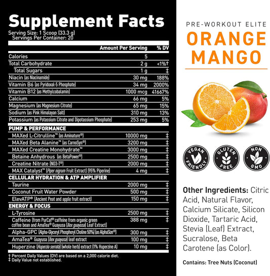 Kaged Pre Workout Powder Pre-Workout Elite For Men & Women, High Stimulant For Energy, Focus, Pumps, L-Citrulline, Beta Alanine, Creatine & 388Mg Of Organic Caffeine, Orange Mango