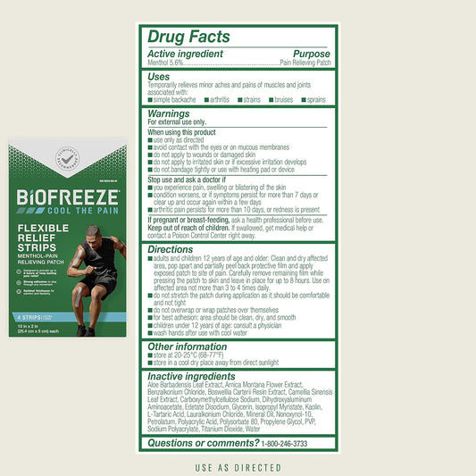 Biofreeze Pain Relief Flexible Strips Pre-Cut, 4Ct. Pain Relief For Sore Muscles, Arthritis, Backaches, Sore Joints, Sprains, Strains, And Bruises (Packaging May Vary)