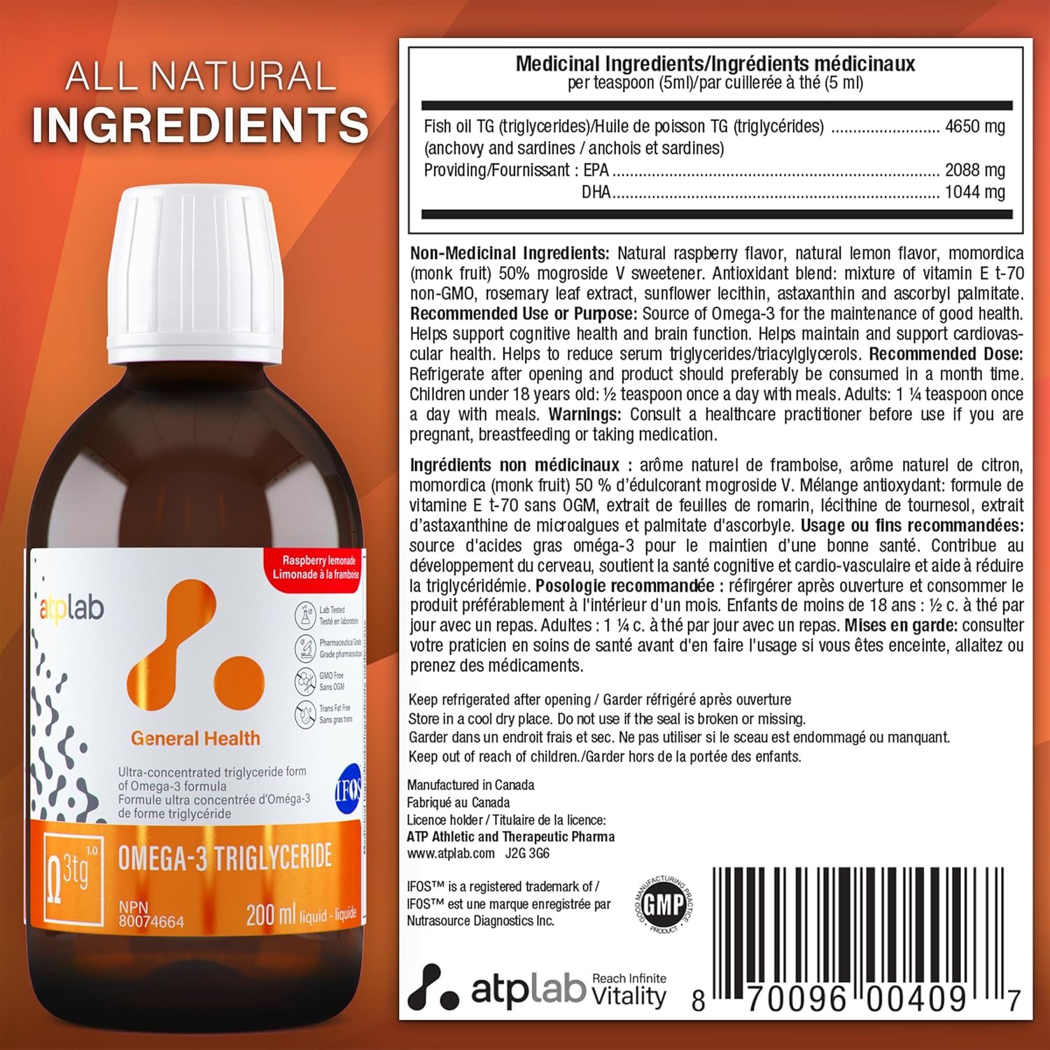 Atp Lab - Omega 3 Fish Oil Triglyceride Form 200Ml Raspberry Lemonde - Omega 3 Liquid For Adults - Epa Dha - Brain Health & Cognitive Health : Health & Household