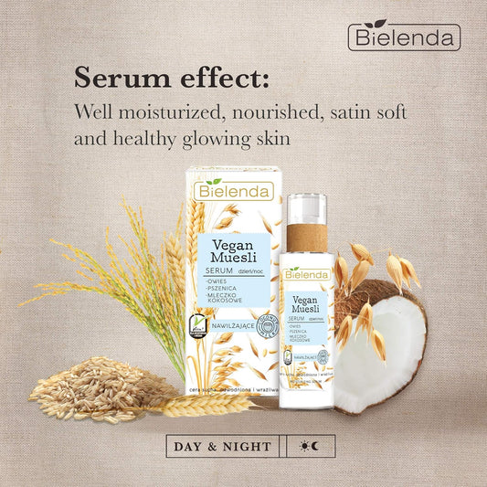 Bielenda Vegan Muesli - Effect Well Moisturized, Nourished, Satin Soft And Healthy Glowing Skin - Vegan Muesli Moisturizing Serum Oats + Wheat + Coconut Milk - 30 Ml