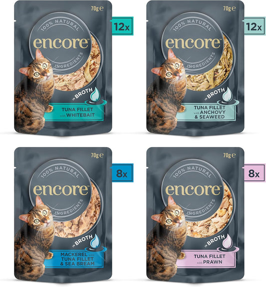 Encore 100% Natural Wet Cat Food, Multipack Fish Selection In Broth 4 X 10 X 70G (Total 40 Pouches)Enc8113-1En