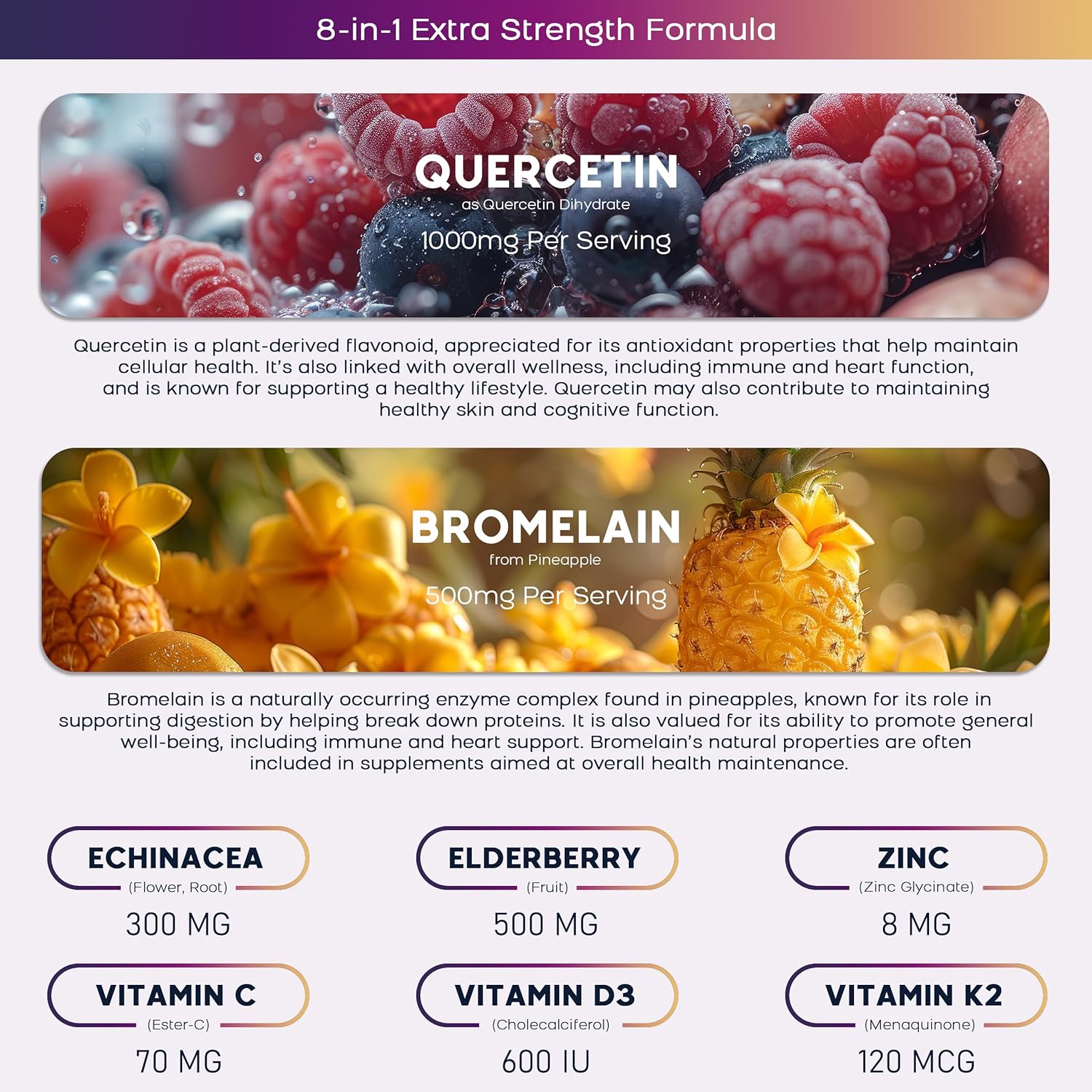 (2 Pack) Quercetin Gummies With Bromelain Zinc Elderberry Vitamin C D3 K2, Quercetin 1000Mg Supplement With Bromelain 500Mg For Cardiovascular, Immune System & Allergy, Vegan Gummy For Adult & Kid : Health & Household