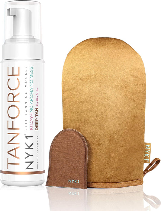 Award Winning Tanforce With Brown Tanning Mitt - (250Ml) Skinny Natural Look Fake Tan Force Best Long Lasting Invisible Tanning Foam Mousse Developing Sands Australian Dark Brown Gold With Megamitt