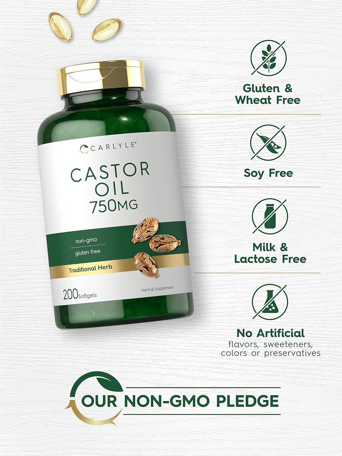 Carlyle Castor Oil 750mg | 200 Softgels | Traditional Herb | Non-GMO,