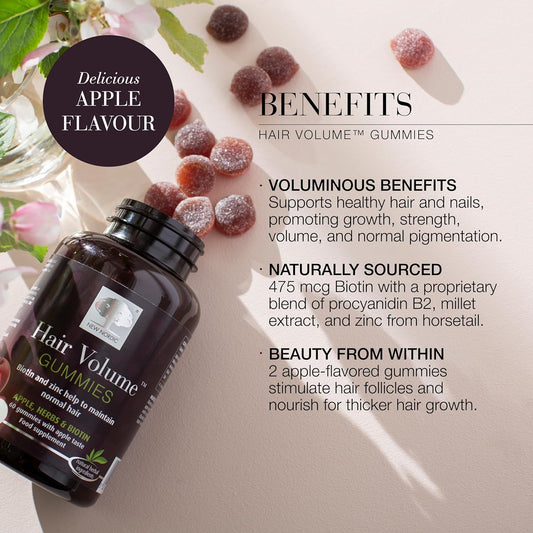New Nordic Hair Volume Gummies - 475Mcg Biotin - Vegan Hair Growth Supplement To Support Hair Skin & Nails For Men & Women - Apple Flavour - 60 Count