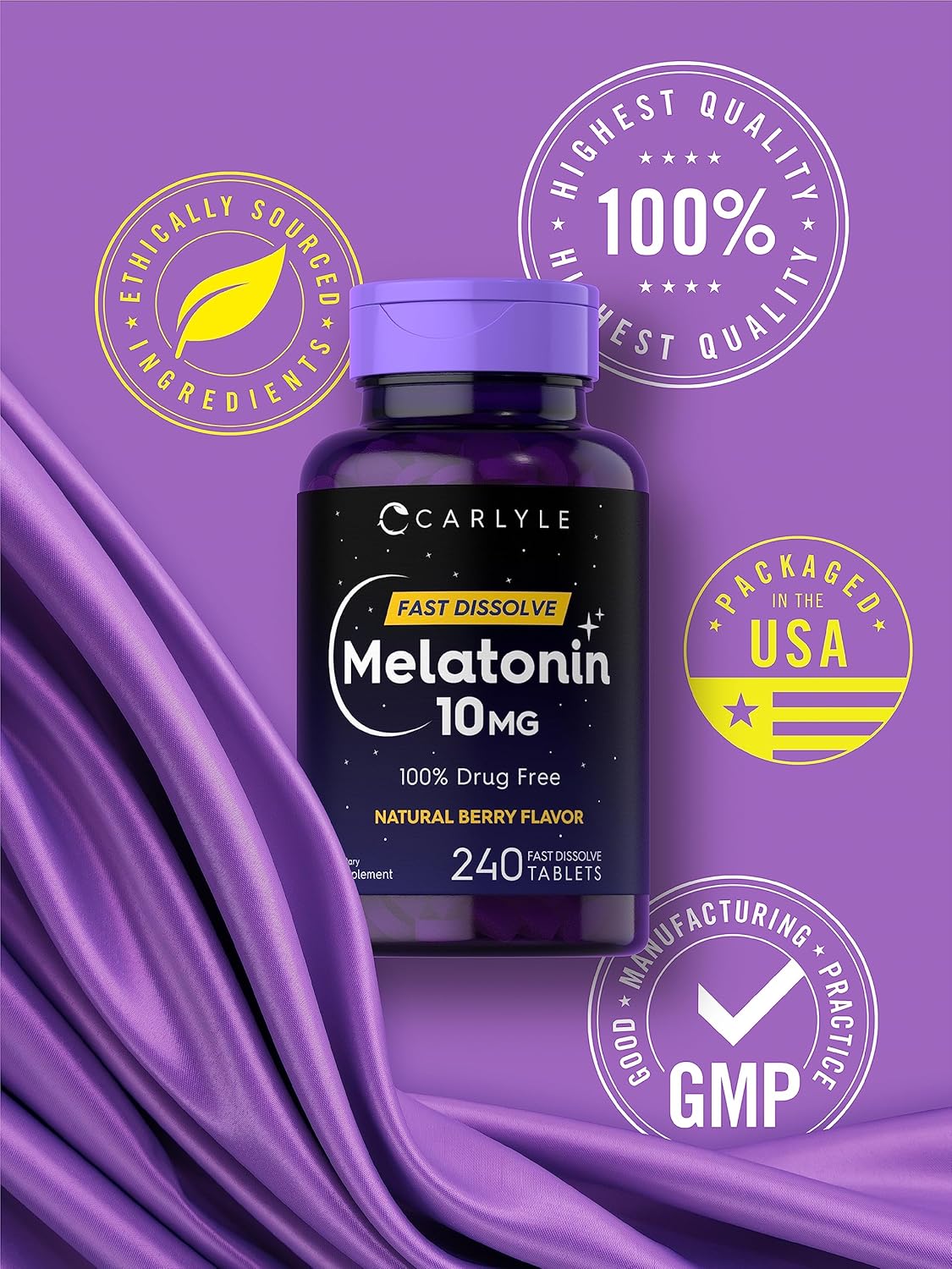 Carlyle Melatonin 10mg | 240 Tablets | Berry Flavor Fast Dissolve Tablets | Drug Free Supplement | Vegetarian, Non-GMO, Gluten Free : Health & Household