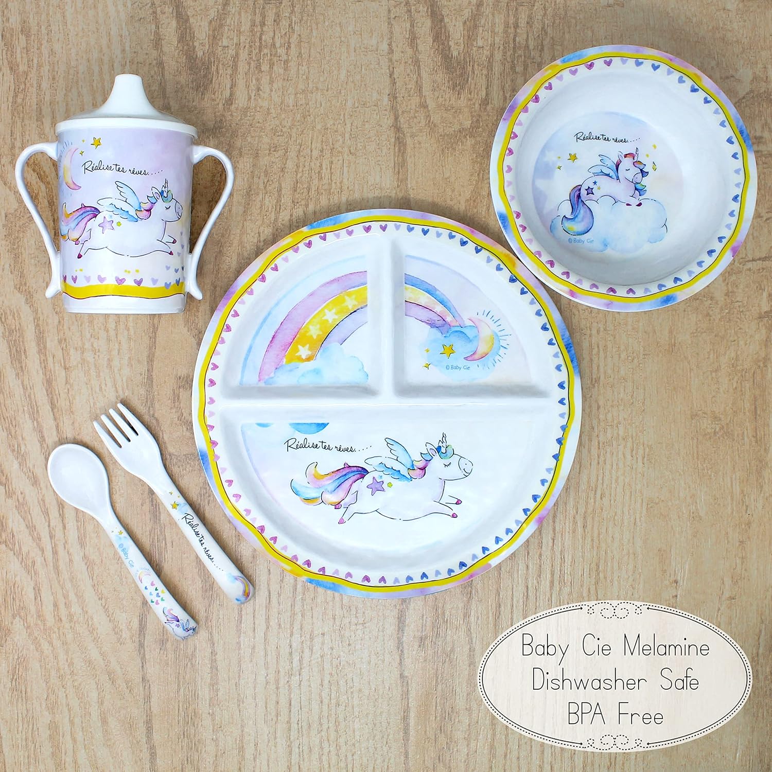 Baby Cie Kids And Baby Melamine Place Setting Sippy Cup, Suctions Bowl, Section Plate And Fork Spoon Set (Realize Your Dreams) : Baby