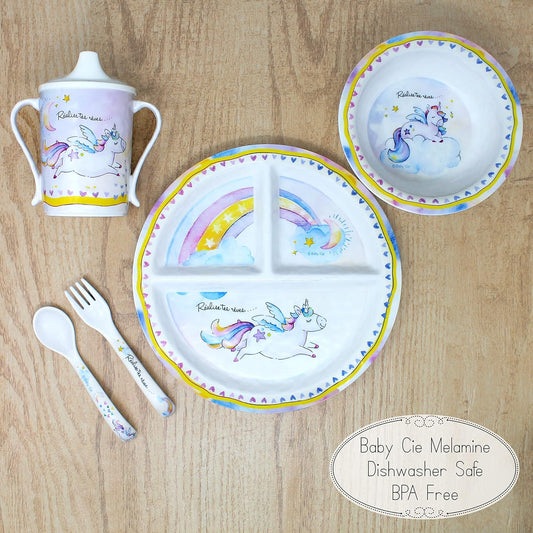 Baby Cie Kids And Baby Melamine Place Setting Sippy Cup, Suctions Bowl, Section Plate And Fork Spoon Set (Realize Your Dreams) : Baby