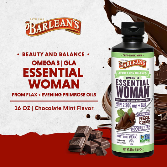 Barlean'S Essential Woman Chocolate Mint Liquid Supplement From Flaxseed, Evening Primrose Oil & Soy Isoflavones, Omega 3 6 9 And Gla, Hormonal Balance & Healthy Hair And Skin, 16 Oz