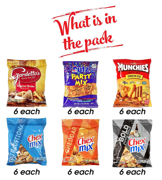 Niro Assortment | Flavored Snack Mix & Party Mix Variety Pack, Low Calorie Snack Mix | Gardetto'S, Utz, Munchies, And Chex Mix | Individual Packs | 36 Packs