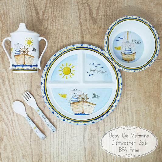 Baby Cie Kids And Baby Melamine Place Setting Sippy Cup, Suctions Bowl, Section Plate And Fork Spoon Set (Adventure Awaits) : Baby