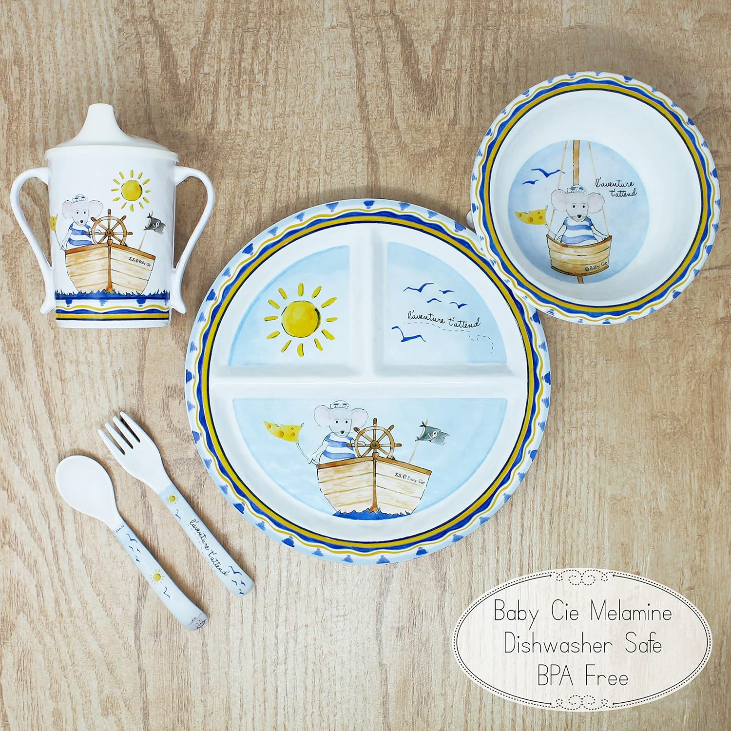 Baby Cie Kids And Baby Melamine Place Setting Sippy Cup, Suctions Bowl, Section Plate And Fork Spoon Set (Adventure Awaits) : Baby