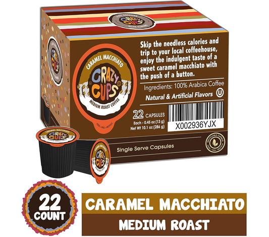 Crazy Cups Flavored Coffee For Single Serve Keurig K-Cups Machines, Caramel Macchiato, Hot Or Iced, Medium Roast In Recyclable Pods, Brown, 22 Count