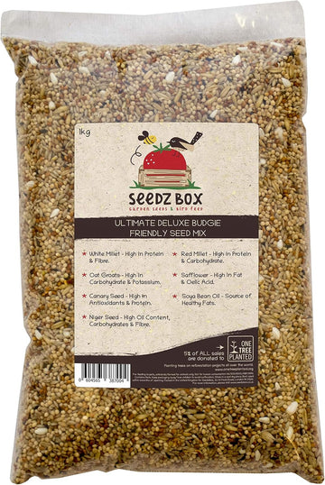 Budgie Food Seed Feed Mix 1Kg - Natural Healthy Treats And Snacks For Pet Budgerigars - Seedzbox - Red Millet, Canary And Niger Seeds - Protein And Fibre - Donation To Onetreeplanted