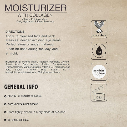 Moisturizer with Collagen, Vitamin E & Aloe Vera - Daily Hydration & Deep Moisture - 4 oz