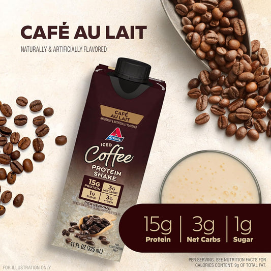 Atkins Café Au Lait Iced Coffee Flavored Protein Shake, High Protein Shake, Low Sugar, Low Carb And Low Sugar, Keto Friendly, Gluten Free, 12 Count