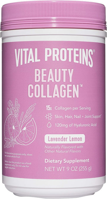 Vital Proteins Beauty Collagen Peptides Powder Supplement For Women, 120Mg Of Hyaluronic Acid - 15G Of Collagen Per Serving - Enhance Skin Elasticity And Hydration - Lavender Lemon - 9Oz Canister