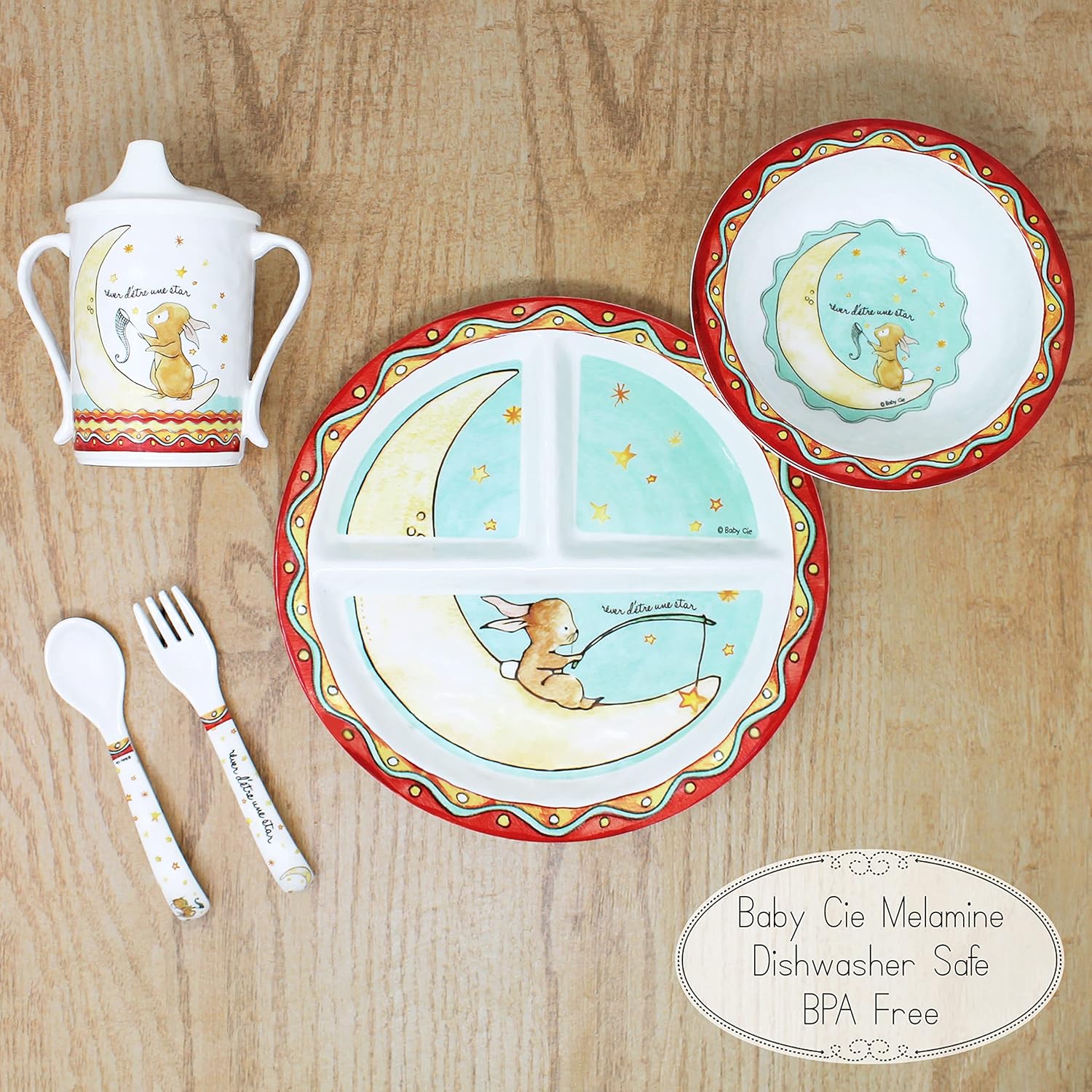 Baby Cie Kids And Baby Melamine Place Setting Sippy Cup, Suctions Bowl, Section Plate And Fork Spoon Set (Wish On A Star) : Baby