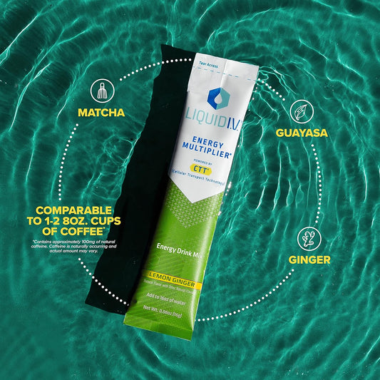 Liquid I.V. Hydration + Energy Multiplier - Lemon Ginger - Hydration Powder Packets | Electrolyte Powder Drink Mix | Easy Open Single-Serving Stick | Non-Gmo | 12 Pack (168 Servings)