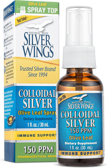 Natural Path Silver Wings Colloidal Silver Olive Leaf 150 Ppm, 1 Fl Oz Liquid Spray - 1Oz Glass Bottle 150Ppm Strength - Natural Herbal & Mineral Nutritional Supplement - Healthy Throat Spray Support