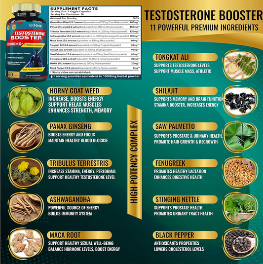 Tenmido Testosterone Booster For Men, Equivalent To 10000Mg - Natural Stamina, Endurance & Strength Supplement - Muscle Building Growth, Increasing Performance, Boosts Energy