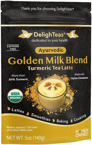 Delighteas Organic Golden Milk Powder With Turmeric, Ginger, Ceylon Cinnamon | Ayurvedic Spices For Golden Turmeric Latte | Unsweetened, Vegan, Non-Gmo, Keto | 120 Servings, 5 Oz