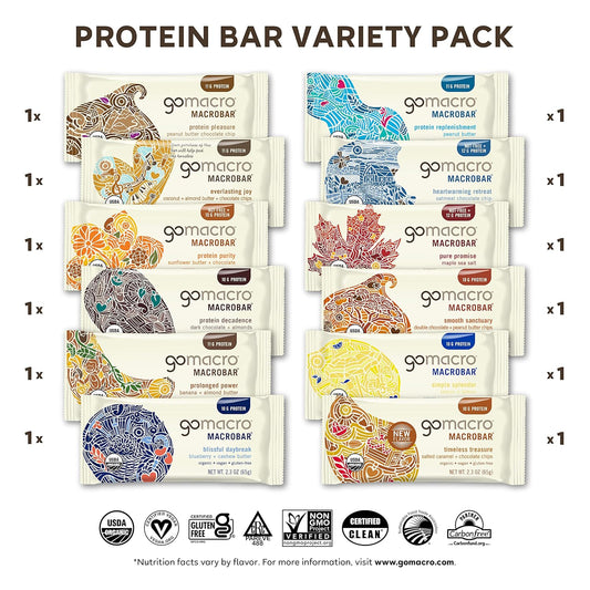 Gomacro Macrobar Organic Vegan Protein Bars - Protein Variety Pack (2.3-2.4 Ounce Bars, 12 Count)