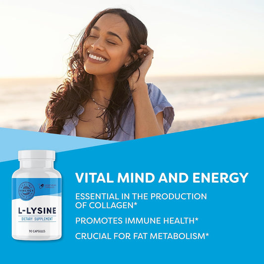 Vimergy L-Lysine 500Mg Capsules, Trial Size - 90 Servings โ Essential Amino Acid โ Supports Immune System, Healthy Skin, Muscles, Bone & Tissue โ Vegetarian, Non-Gmo, No Gluten, Kosher (90 Count)