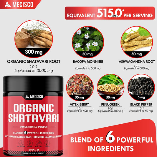 6In1 Shatavari Powder Organic - Blended With Shatavari Root, Bacopa Monnieri, Ashwagandha Root, Vitex Berry, Fenugreek & Black Pepper - Supports Rejuvenation, Promotes Energy & Vitality - 4 Oz