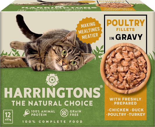 Harringtons Complete Wet Pouch Grain Free Hypoallergenic Adult Cat Food Poultry In Gravy Pack 72X85G - Chicken, Duck, Poultry & Turkey - Making Mealtimes MeatierHarrwcatpg-C85
