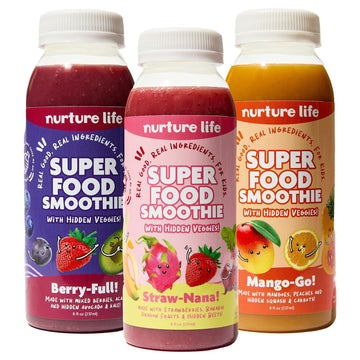 Nurture Life Superfood Smoothies, Healthy Toddler Snacks To-Go W/Hidden Fruits & Veggies, Fruit Smoothies For Kids, No Sugar Added, 3 Bottles, Variety Pack: Mango-Go, Berry-Full, & Straw-Nana Flavors