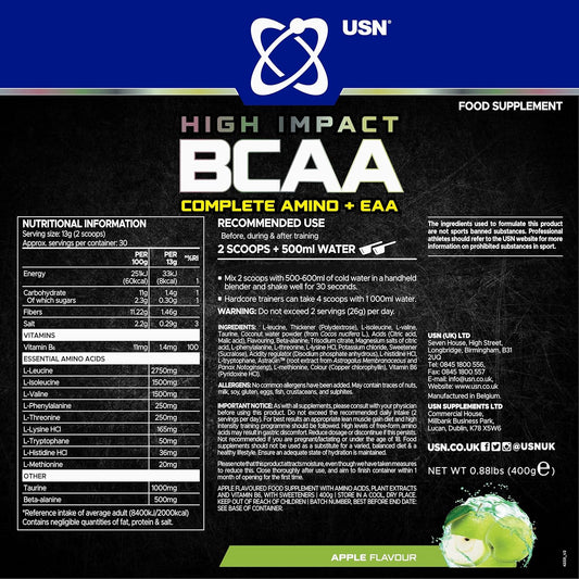 Usn Complete Amino & Eaa Intra Workout Powder, Apple Flavour - 400G, Vegan Energy Drink, Premium Bcaa Amino Acids & Glutamine Recovery Drink, High Impact Pre Workout & Post Workout Shake