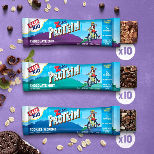 Clif Kid Zbar Protein Bars - Chocolate Chip, Chocolate Mint, Cookies 'N Creme 30 Count & Chocolate Chip 15 Pack - 5G Protein Per Bar