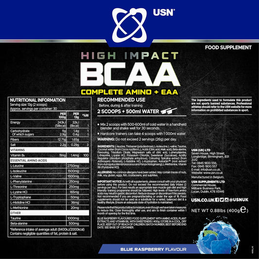 Usn Complete Amino & Eaa Intra Workout Powder, Blue Raspberry Flavour - 400G, Vegan Energy Drink, Premium Bcaa Amino Acids & Glutamine Recovery Drink, High Impact Pre Workout & Post Workout Shake