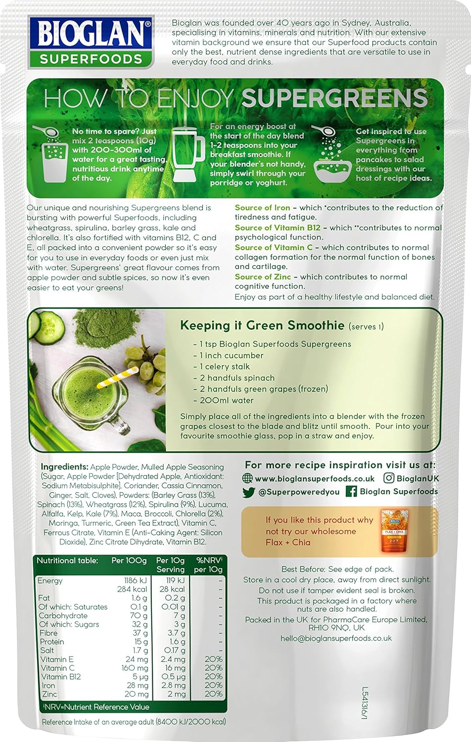 Bioglan Superfoods SuperGreens | Vitamin B12 | Vitamin C & E | Zinc | Iron | 70g : Amazon.co.uk: Health & Personal Care