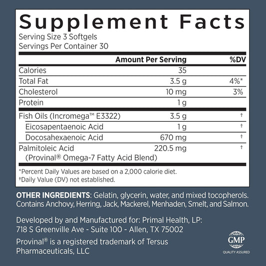 Primal Labs DuOmega 3&7 Fish Oil Supplement with Omega 3, 90 Count