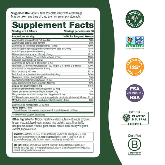 Megafood Baby & Me 2 Prenatal Vitamin And Minerals - Vitamins For Women - With Folate (Folic Acid Natural Form), Choline, Iron, Iodine, And Vitamin C, Vitamin D And More - 60 Tabs (30 Servings)