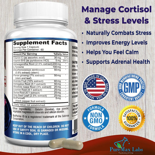 Adrenal Support, Cortisol Manager, Adrenal Health, Maintain Balanced Cortisol Levels, Stress Relief Supplement With Ashwagandha, L-Tyrosine - 60 Capsules