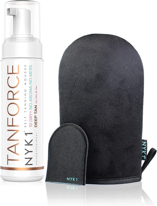 Award Winning Tanforce With Black Tanning Mitt - (250Ml) Skinny Natural Look Fake Tan Force Best Long Lasting Invisible Tanning Foam Mousse Developing Sands Australian Dark Brown Gold With Megamitt