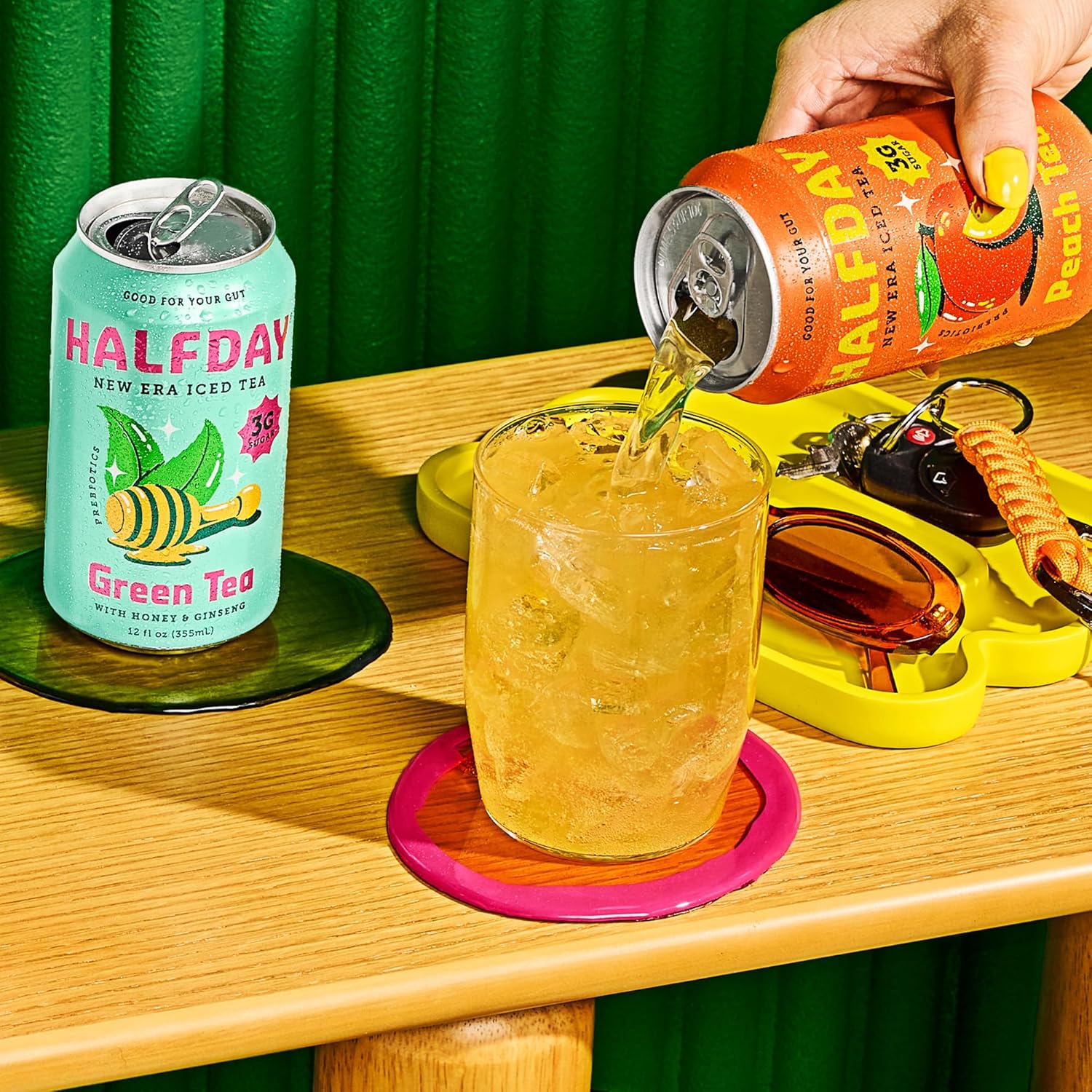 Halfday Prebiotic Iced Tea Lemon, Peach & Green Tea Variety Pack, Supports Digestive & Gut Health, Plant Fiber & Prebiotics, Low Sugar, 30 Calories, Natural Caffeine, Gluten Free, 12 Fl Oz (12 Pack) Packaging May Vary