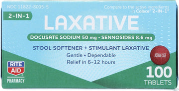 Rite Aid Stool Softener With Laxative - 100 Count, Constipation Relief, Docusate Sodium 50 Mg And Sennosides 8.6 Mg, Overnight Relief In 6-12 Hours | Fiber Capsules | Stool Softeners